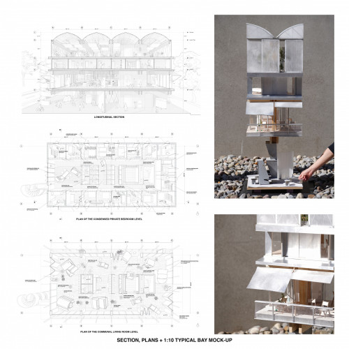 Section, plans and 1:10 typical bay mock-up